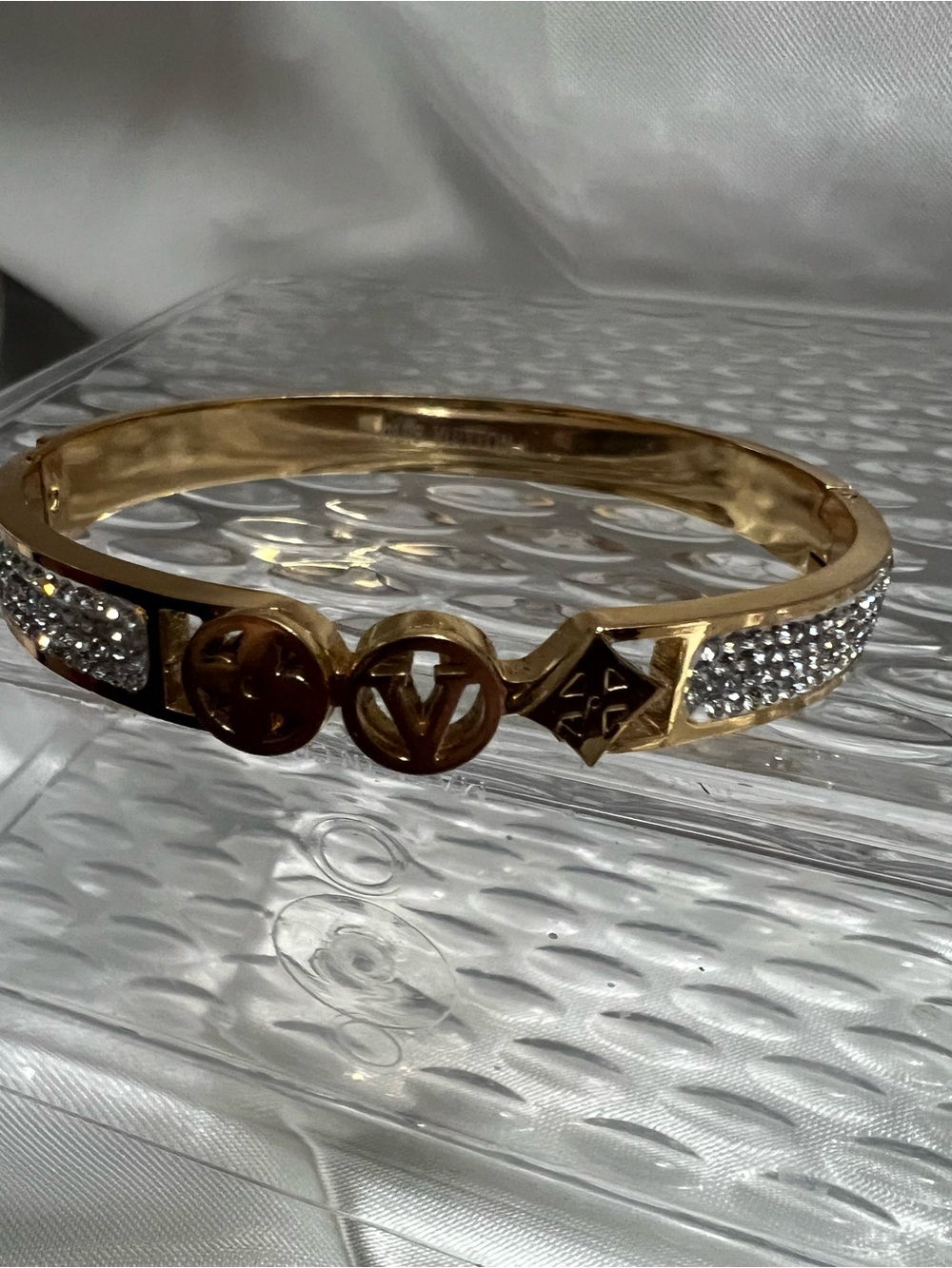 Gold and Crystal Monogram Hinged Bangle